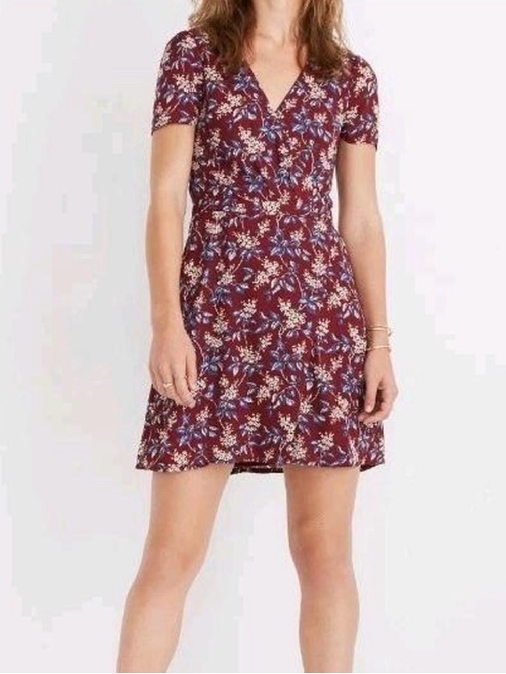 Madewell Burgundy Floral V-Neck Mini Dress